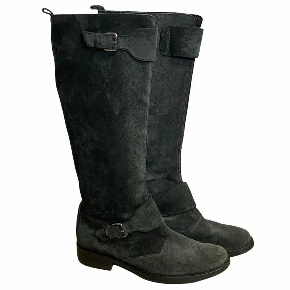 J. CREW Moto Biker Women’s Sz 8 Buckle Motorcycle Black Suede Leather Boots